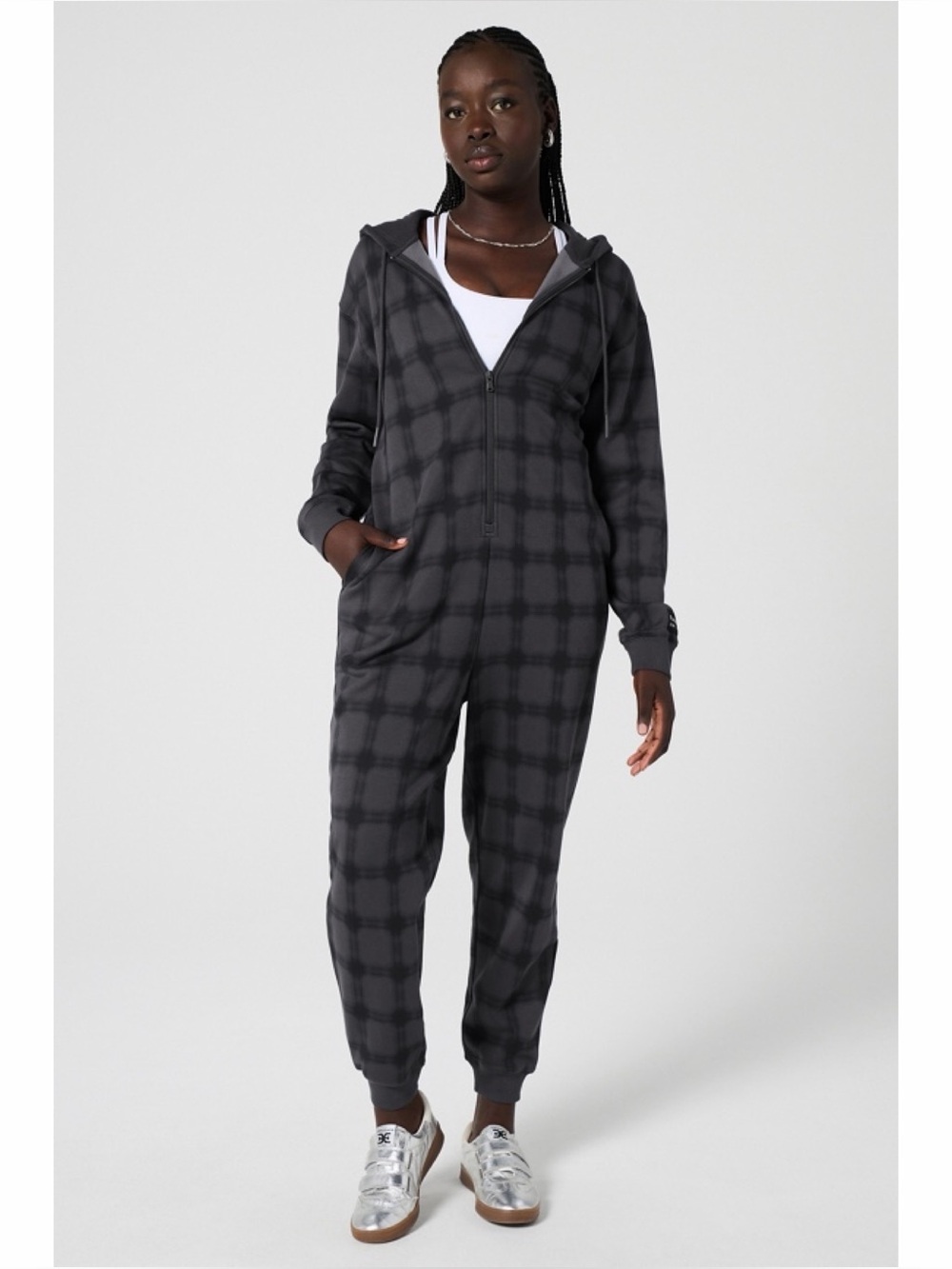 Fabletics Cozy Fleece Hooded Onsie - Midnight Windowpane Plaid